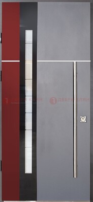 Серая входная дверь с порошковым окрасом и красной вставкой ДП-175 в Омске