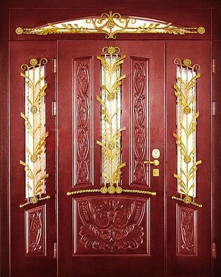 Бордовая железная парадная дверь со стеклом и ковкой ДПР-75 в Коломне