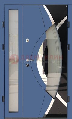 Синяя металлическая дверь со стеклом и узором ДС-13 в Коломне