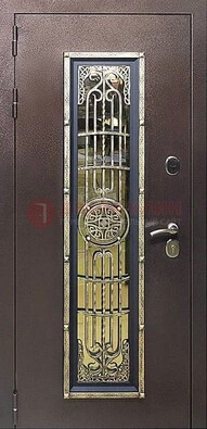 Железная дверь цвета медный антик со стеклом и ковкой ДСК-105 в Коломне