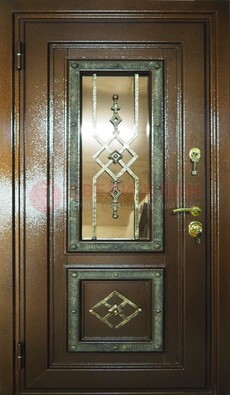 Теплая входная дверь со стеклом и ковкой разноцветной ДСК-13 в Коломне