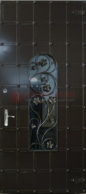 Высокая железная дверь со стеклом и ковкой ДСК-15 в Коломне
