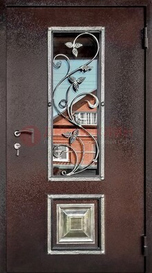 Коричневая стальная дверь порошок со стеклом и ковкой ДСК-163 в Курске