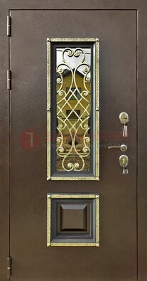 Входная дверь порошок со стеклом и ковкой для коттеджа ДСК-166 в Коломне