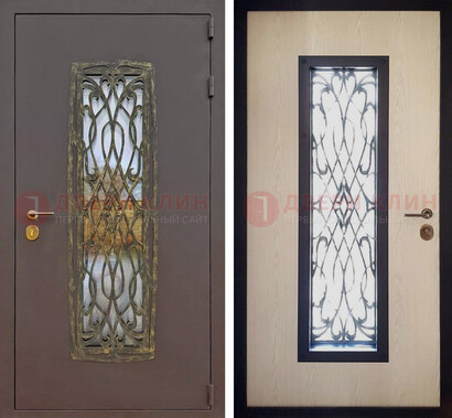Уличная дверь порошок со стеклом и ковкой ДСК-168 коричневая в Казани