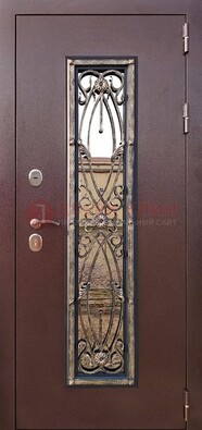 Коричневая стальная дверь порошок со стеклом и ковкой для дома ДСК-169 в Казани