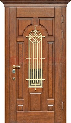 Коричневая железная дверь винорит со стеклом и ковкой ДСК-189 в Коломне