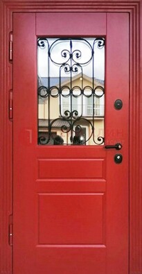 Красная железная дверь Винорит со стеклом и ковкой ДСК-205 в Коломне
