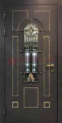 Темная входная дверь Винорит со стеклом и ковкой ДСК-211 в Коломне