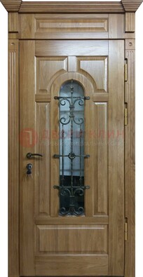 Металлическая дверь массив со стеклом и ковкой для дома ДСК-246 в Коломне