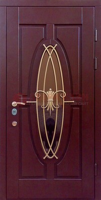 Бордовая стальная дверь Винорит со стеклом и ковкой ДСК-263 в Коломне