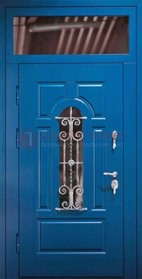 Синяя железная филенчатая дверь со стеклом и ковкой ДСК-97 в Коломне