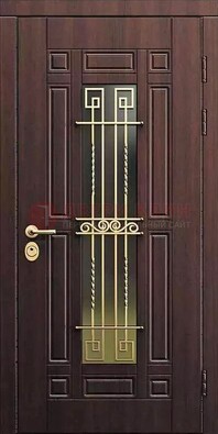 Уличная коричневая дверь с виноритом и панелью Тисненый орех ДВТ-95 в Коломне