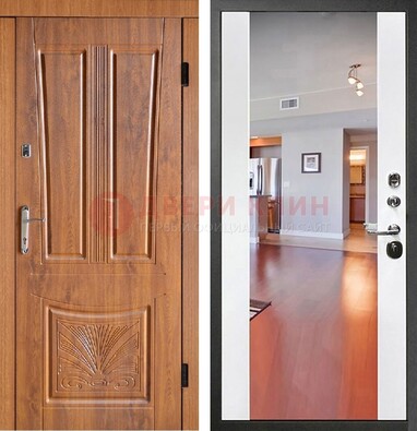 Входная коричневая дверь терморазрыв c виноритом и белая МДФ c зеркалом ДЗ-123 в Коломне