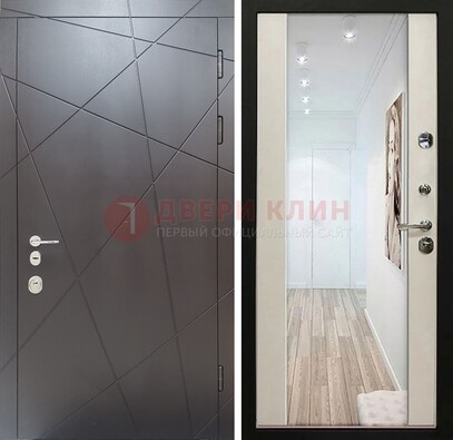 Железная коричневая дверь со светлой МДФ внутри и зеркалом ДЗ-125 в Коломне