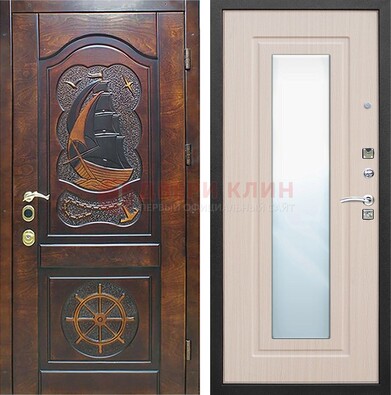 Темная уличная дверь с резьбой и зеркалом внутри ДЗ-49 в Коломне