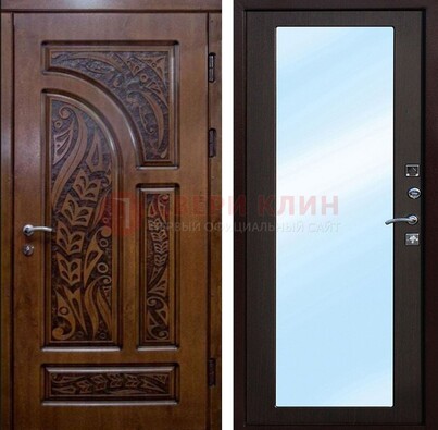 Коричневая входная дверь c узором и виноритом МДФ с зеркалом ДЗ-98 в Коломне
