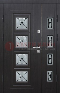Чёрная двухстворчатая железная дверь с МДФ и витражом ВЖ-35 в Коломне